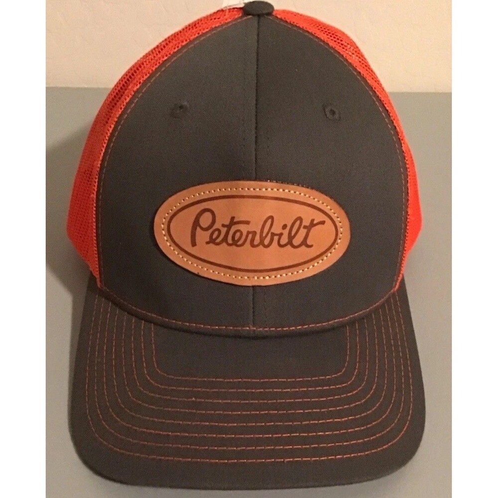 Gray & Orange Peterbilt Richardson 112 Snapback Trucker Cap, Hat Leather Patch